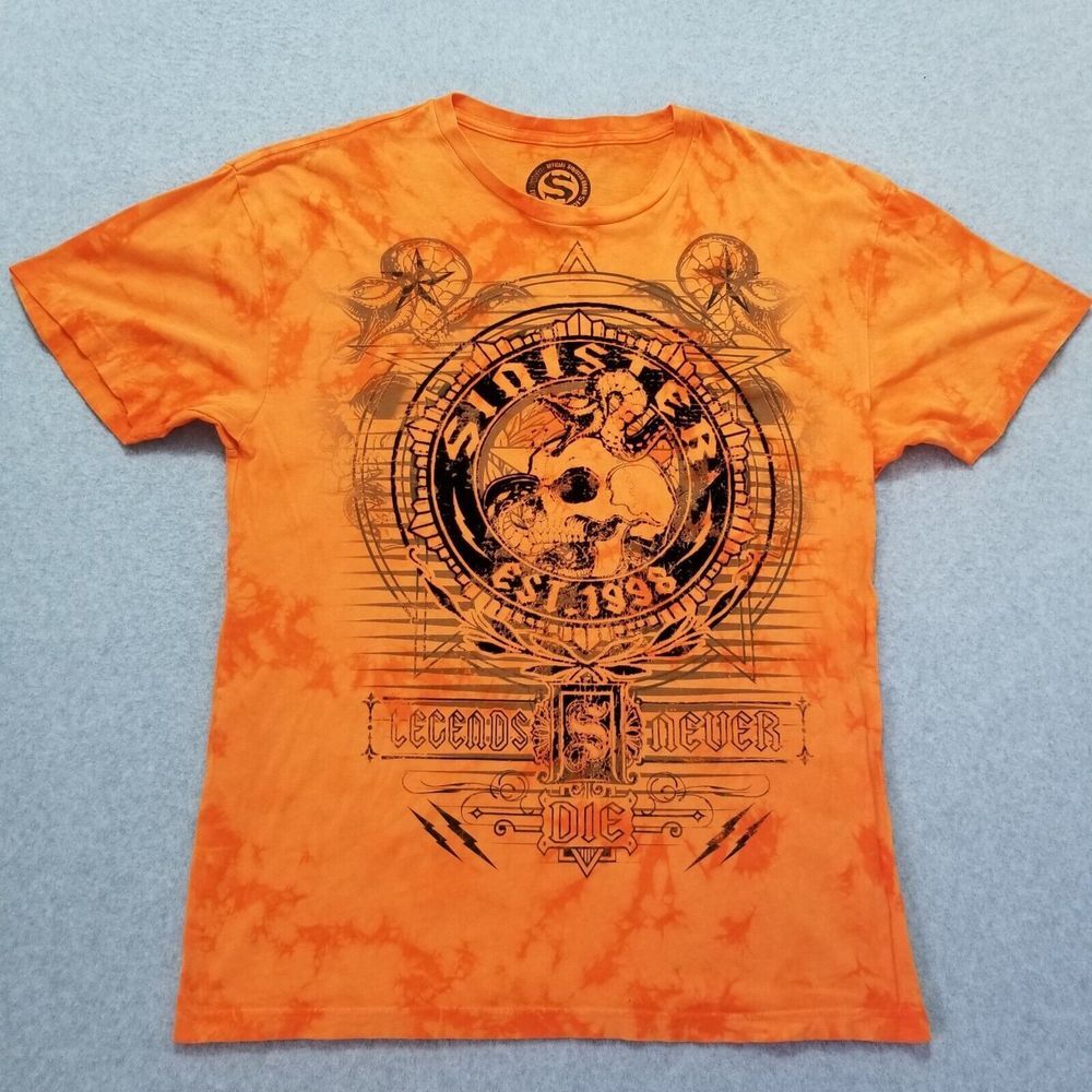 Sinister Shirt Mens XL Orange Tie Dye Short Sleeve Spell Out Logo Skull